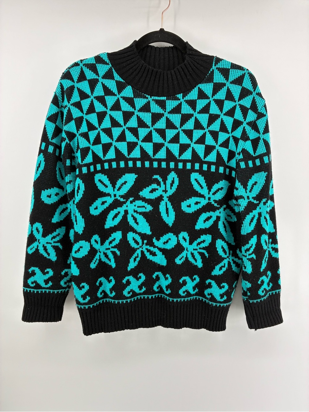 Vintage Knit Black & Turquoise Patterned Turtleneck Sweater Made in Canada